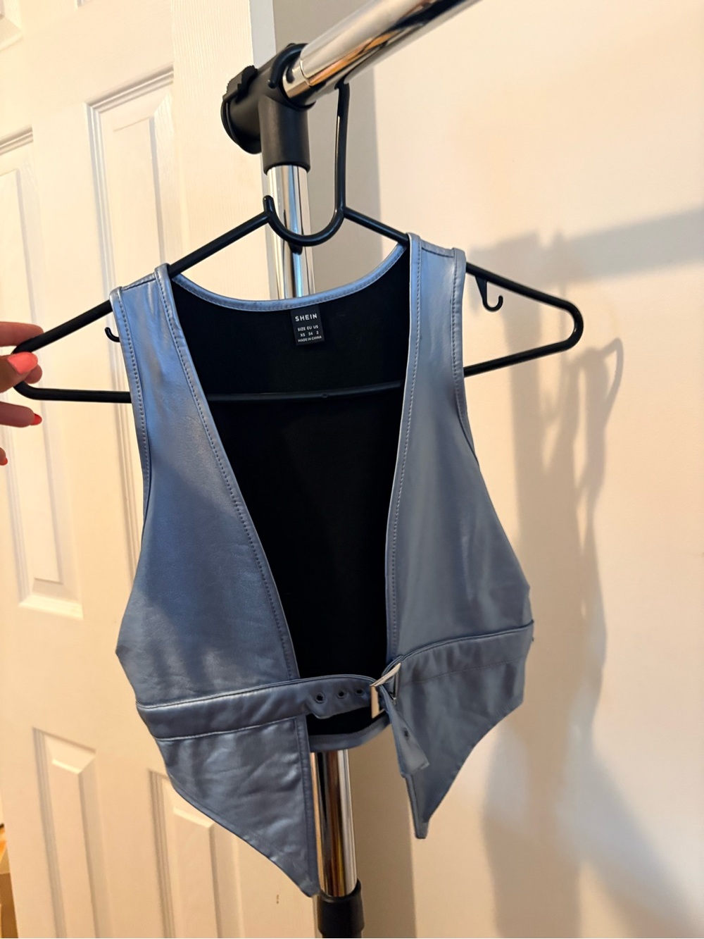 SHEIN Metallic Light Blue Faux Leather Cropped Vest